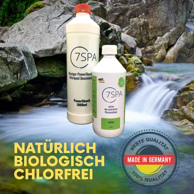 Two bottles of cleaning product are displayed in front of a waterfall and rocks.