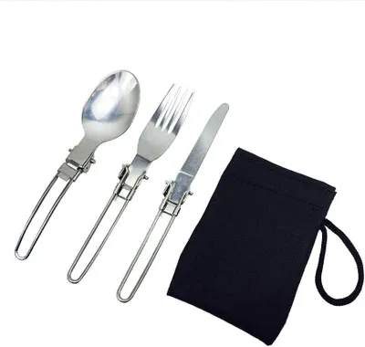 Produktbild von 3-teiliges Faltbares Besteckset, Edelstahl, Messer, Gabel, Löffel, für Camping