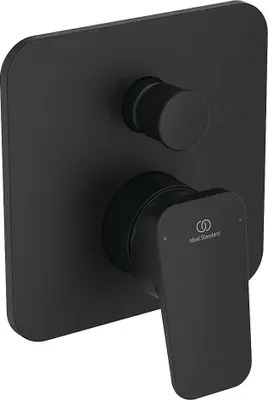 A black shower faucet with a square backplate and a lever handle.