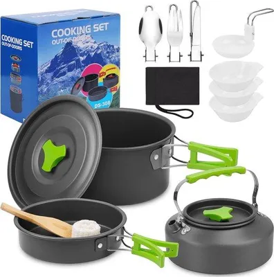 Produktbild von Aluminium-Kochset, 14-teilig, Outdoor-Kochset, Kochset, 1,1 l, Aluminium, Camping-Kochset, 2-3 Personen