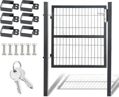 Immagine prodotto di Porta da giardino di 100 x 100 cm per recinzioni a griglia, realizzata in acciaio zincato. Porta da giardino in metallo, adatta per recinzioni, con apertura a due ante, maniglia, serratura e 3 chiavi. Colore: antracite