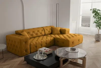 Productafbeelding van Designbank CHANTAL, hoekbank, bekleding: Opera Velvet, kleur: goudgeel, met hocker aan de rechterkant