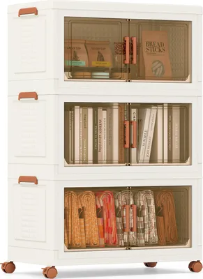 A three-tier storage organizer with transparent doors, filled with various items.