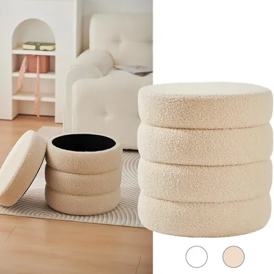 Produktbild von Teddy Hocker mit Stauraum Rund Sitzhocker Aufbewahrungshocker für Wohnzimmer Schlafzimmer Φ38x40,Beige