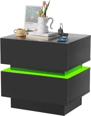 Produktbild von 2er Set Nachttisch Schwarz mit Steckdose, Nachtschrank mit Led Licht, Nachtkommode mit 2 Schubladen für Wohnzimmer,Schlafzimmer