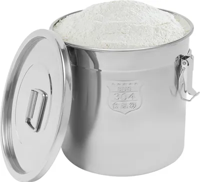 A stainless steel food storage container filled with white powder, with its lid open.