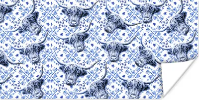 Produktbild von MuchoWow® Poster Kuh - Delfter Blau - Schottischer Highlander 80x40 cm - Wanddeko