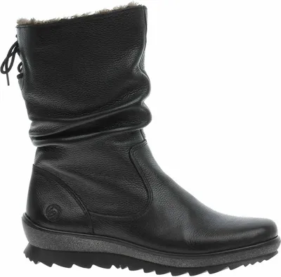 A black leather boot with a fur lining.