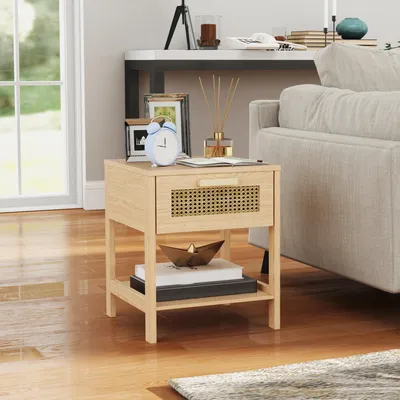Produktbild von SUGIFT Nachttisch mit Schublade Rattan-Front, Beistelltisch Boho-Stil, MDF Naturholzoptik | 40 x 40 x 48,4 cm | 8 kg | Ablagefläche oben & unten