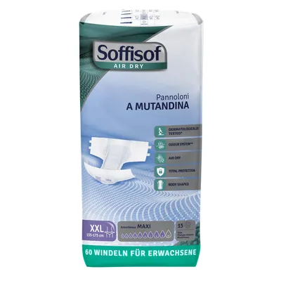 Produktbild von Soffisof Air Dry Windeln für Erwachsene Maxi XXL - 60x Inkontinenz Slip - 4 Packungen mit 15 Windelhosen, 9 Tropfen - Windelslip Erwachsene