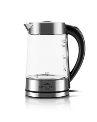 A studio shot of a glass electric kettle on a white background.