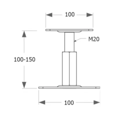 A technical drawing of an adjustable support foot with dimensions indicated.