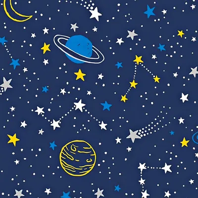 Produktbild von Baumwolle 100% Galaxie gelb-blau auf navy Hintergrund