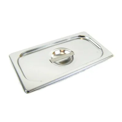 A stainless steel food pan lid with a handle on a white background.