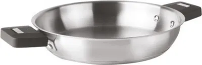 A stainless steel pan with black handles is shown against a white background.