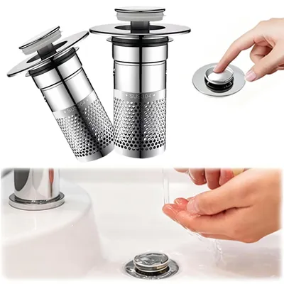 Image de Lot de 2 bouchons d'évier, filtres universels, bouchons à ressort avec filtre, en acier inoxydable avec filtre à cheveux pour éviers de salle de bains et de cuisine.