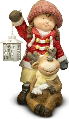 A ceramic figurine of a girl holding a lantern and standing next to a reindeer.