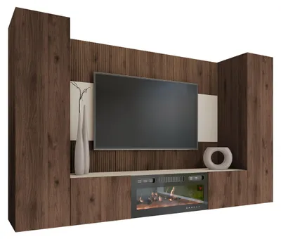 Produktbild von MIRJAN24 Wohnwand Deromi V, Wohnzimmer Möbel Set, mit Kamin, Griffloses Öffnungssystem push to open, 4er-Set (Farbe: Nuss Okapi / Nuss Okapi + Travertin)