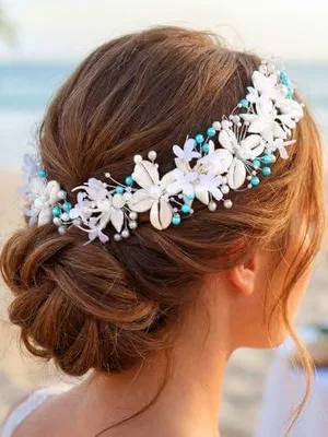 Produktbild von Weißer Muschel-Hochzeitshaarschmuck mit Perlen, Blumen und Stirnband im Meerjungfrauenstil für Damen