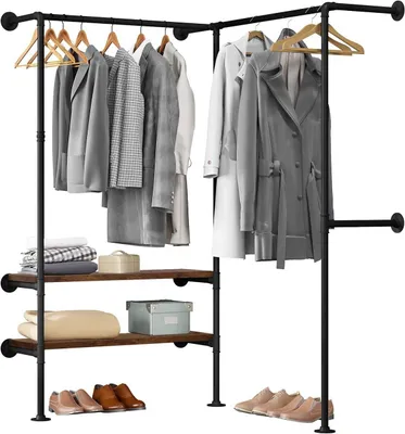 Image de Armoire ouverte avec étagères et penderies | Finition noire et imitation bois vintage | 130,5 x 130,5 x 187 cm