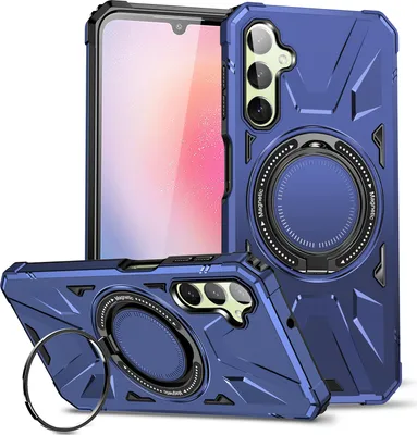 A blue phone case with a magnetic ring stand is shown from multiple angles.