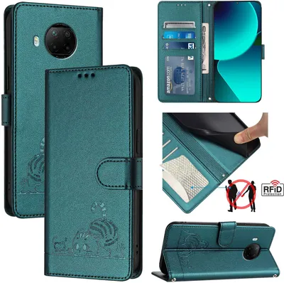 Produktbild von Leder Hülle für Xiaomi 10T Lite 5G Süße Katze Flip Case Brieftasche Schutzhülle mit Standfunktion Grün