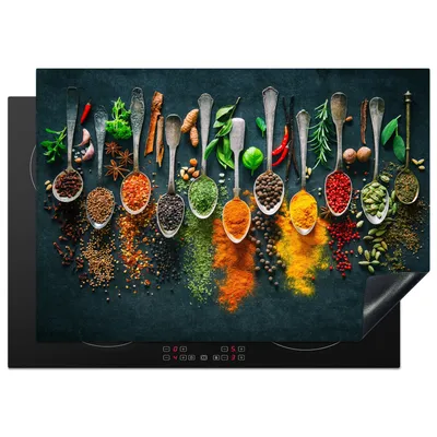 Obrázek produktu pro KitchenYeah® Krycí deska na sporák bylinky - koření - lžíce, 75x52cm, kuchyňská dekorace, keramický kryt varné desky, krycí deska na varnou desku