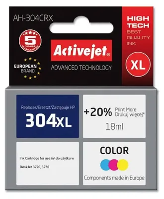 Produktbild von Activejet AH-304CRX Tintenpatrone (Ersatz für HP 304XL N9K07AE; Prämie; 18ml; farbe), Hohe (XL-) Ausbeute, Cyan, Magenta, Gelb, Tinte auf Farbstoffbasis, 18 ml, 1 Stück(e), Einzelpackung