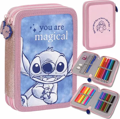 Obrázek produktu pro DISNEY Stitch Dvoukomorový školní penál S VYBAVENÍM pro dívku, DO ŠKOLY - 32 prvků, 2 zipy