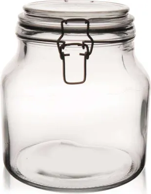 A clear glass jar with a clamp lid.