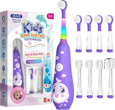 Produktbild von Elektrische Kinderzahnbürste 0–6 Jahre mit LED Licht, Smart Timer, USB aufladbar, 8 weiche Bürstenköpfe & IPX7 wasserdicht