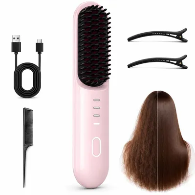 Produktbild von Kabellose Glättungsbürste mit USB-C, elektrische Haarglättungsbürste mit Keramikbeschichtung und Ionentechnologie, 4 Temperaturstufen, Anti-Frizz Haarstyling für kurze Haare