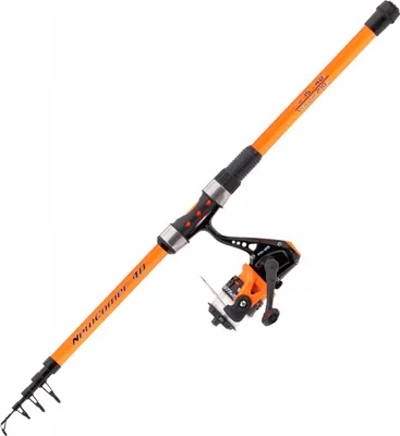 A fishing rod and reel set against a white background.