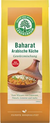 A product package for Baharat spice mix, featuring a picture of a tagine dish filled with food.
