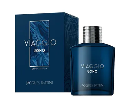 A bottle of Jacques Battini Viaggio Uomo Eau de Parfum and its packaging are displayed against a white background.