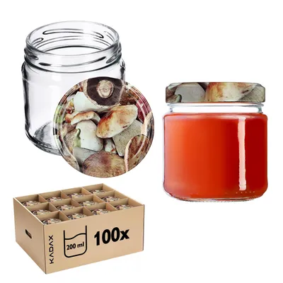 Produktbild von KADAX Einmachgläser mit Deckel "Lerma", Einweckgläser, 200 ml, 100 Stück, Deckel mit Pilzmuster