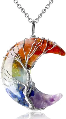 Produktbild von Halskette mit Heilkristallen, Halbmond-Halskette mit Lebensbaum-Drahtwicklung, Halsketten mit Naturstein-Anhänger, Muttertagsgeschenke für Mama, Edelstein-Schmuckgeschenke für Frauen