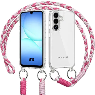 Image de Coque pour Samsung Galaxy A17 4G/5G, Protection Anti-Rayures Transparent avec Cordon Rose Blanc
