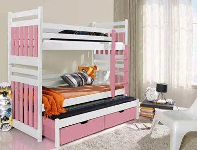 Obrázek produktu pro Dětská patrová postel pro tři 90x190 FALIA - bílá / růžová, pravé provedení