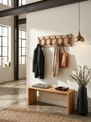 Produktbild von Design Wandgarderobe Akazie Massivholz / Metall 100 x 29 x 12,5 cm, Hakenleiste Flurgarderobe Wand, Garderobe Holz