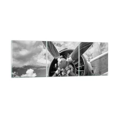 Produktbild von Bilder auf glas - 3 Teile - Motor Schwarzweiß Propeller - 120x40cm - Glasbilder - Wandbilder - Bilder - Wanddekoration aus Glas - Glas Bilder - Wandbild auf Glas - GCA120x40-4289
