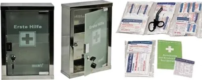 Produktbild von Erste-Hilfe-Schrank Edelstahl mit Glastür + Füllung DIN 13169 Söhngen