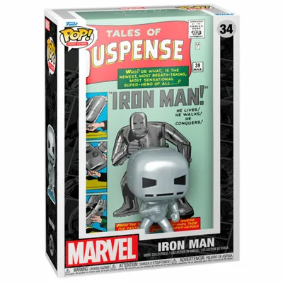 A Funko Pop! Comic Covers figure of Iron Man in its packaging.