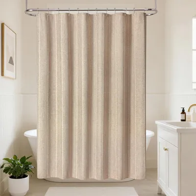 Produktbild von Gestreifter Duschvorhang – Gestreifter Duschvorhang im Boho-Landhausstil aus Polyester-Leinen, wasserdicht beschichtet, neutrales Badezimmer-Set im Landhaus-Shabby-Chic-Look, 182 x 182 cm