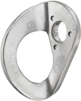 A close-up studio shot of a silver climbing anchor.