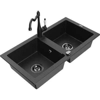 Obrázek produktu pro Mexen Mario 2-miskový granitový dřez s kuchyňskou baterií Carla, Černá/Stříbrná kovová - 6504-73-670700-70-B