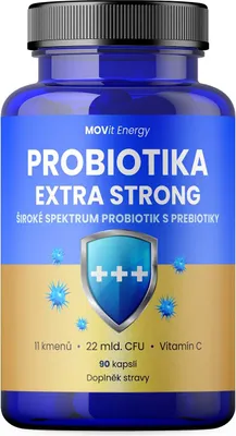 A blue bottle of MOVit Energy Probiotika Extra Strong supplements against a white background, with a shield graphic and blue microbe illustrations.