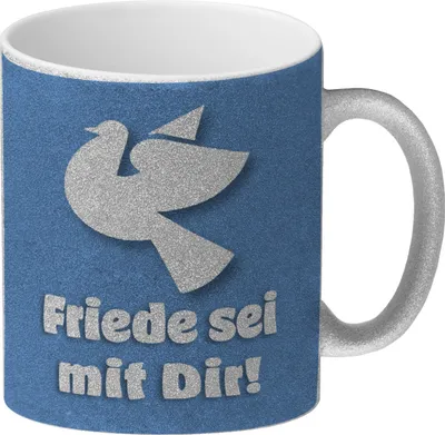 Produktbild von Friedenstaube Glitzer-Kaffeebecher mit Spruch Friede sei mit Dir in