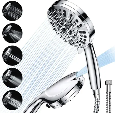 A collage showing a hand shower head with multiple spray settings, demonstrating different water spray patterns.