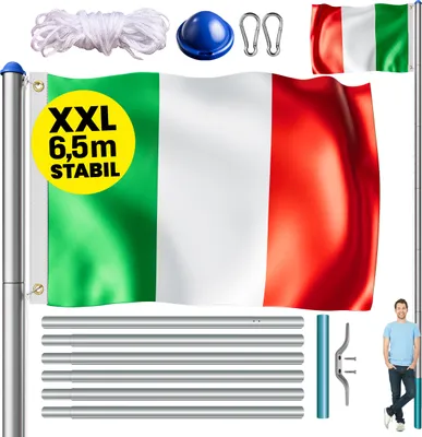 Produktbild von MONZANA® Fahnenmast 6,5m Seilzug Bodenhülse inkl. Italien Flagge Italienische Nationalflagge Fahne höhenverstellbar Flaggenmast Aluminium Teleskop Fahnenstange